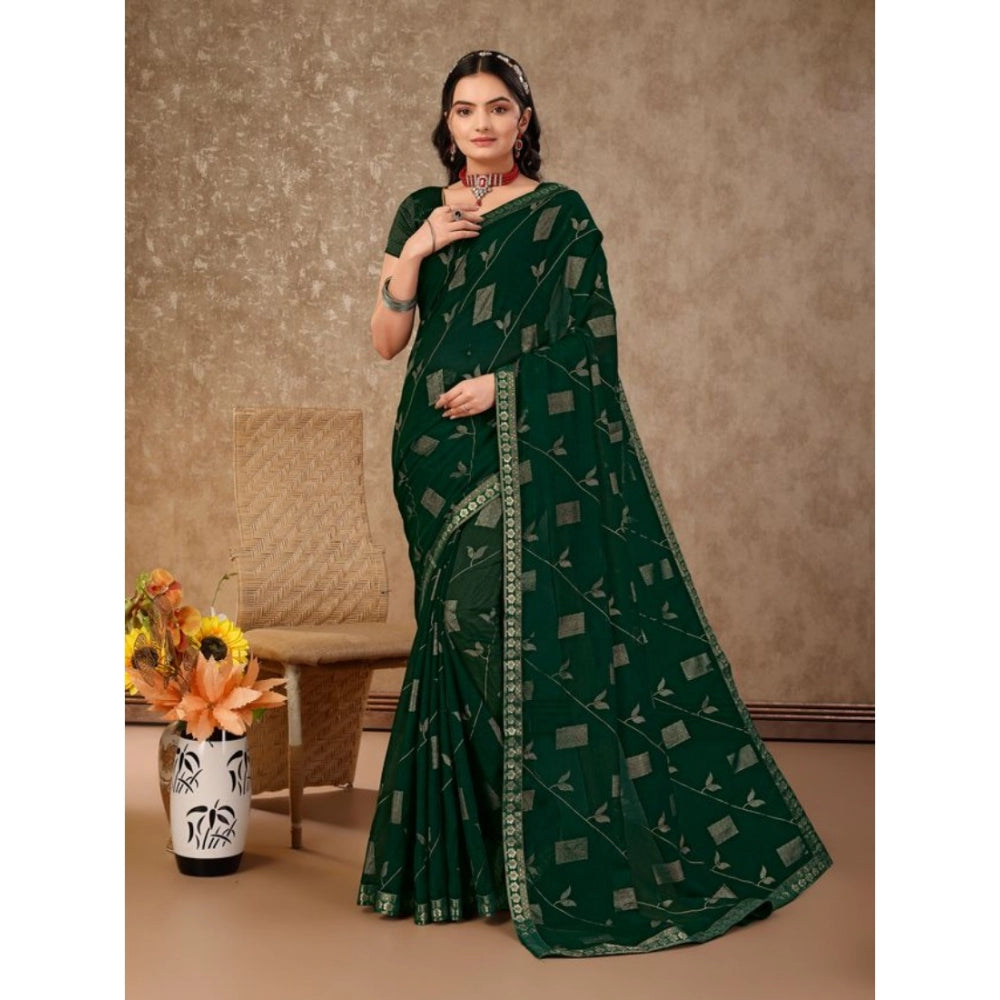 Shopper Beast Women's Zomto Patta Chiffon Saree With Unstitched Blouse (Green, 5-6 Mtrs)