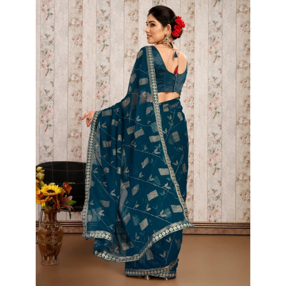 Shopper Beast Women's Zomto Patta Chiffon Saree With Unstitched Blouse (Blue, 5-6 Mtrs)