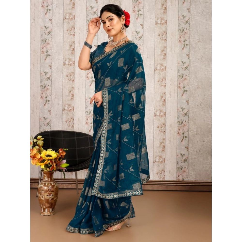 Shopper Beast Women's Zomto Patta Chiffon Saree With Unstitched Blouse (Blue, 5-6 Mtrs)