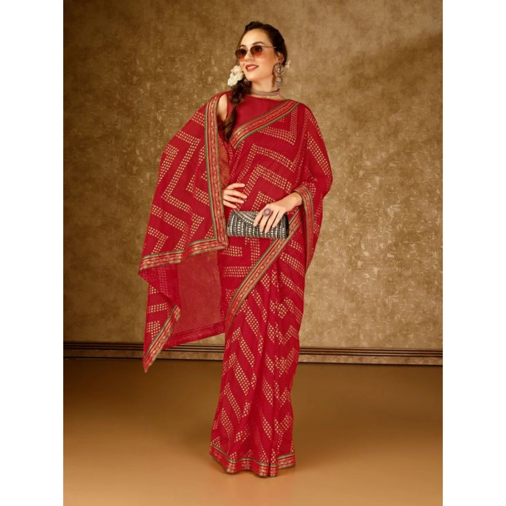 Shopper Beast Women's Zomto Zig Zag Saree With Unstitched Blouse (Red, 5-6 Mtrs)