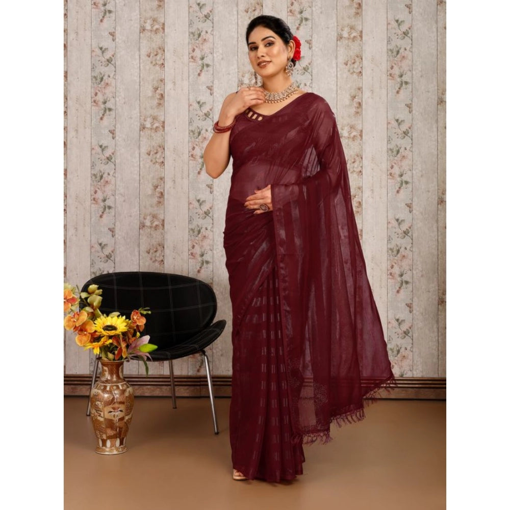 Shopper Beast Women's Chiffon Fabric Line Saree With Unstitched Blouse (Maroon, 5-6 Mtrs)