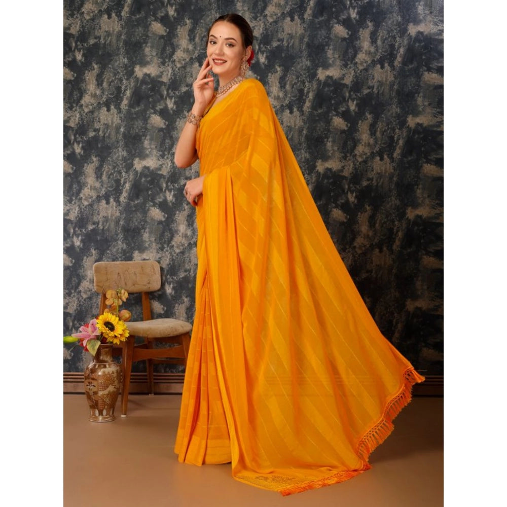 Shopper Beast Women's Chiffon Fabric Line Saree With Unstitched Blouse (Yellow, 5-6 Mtrs)