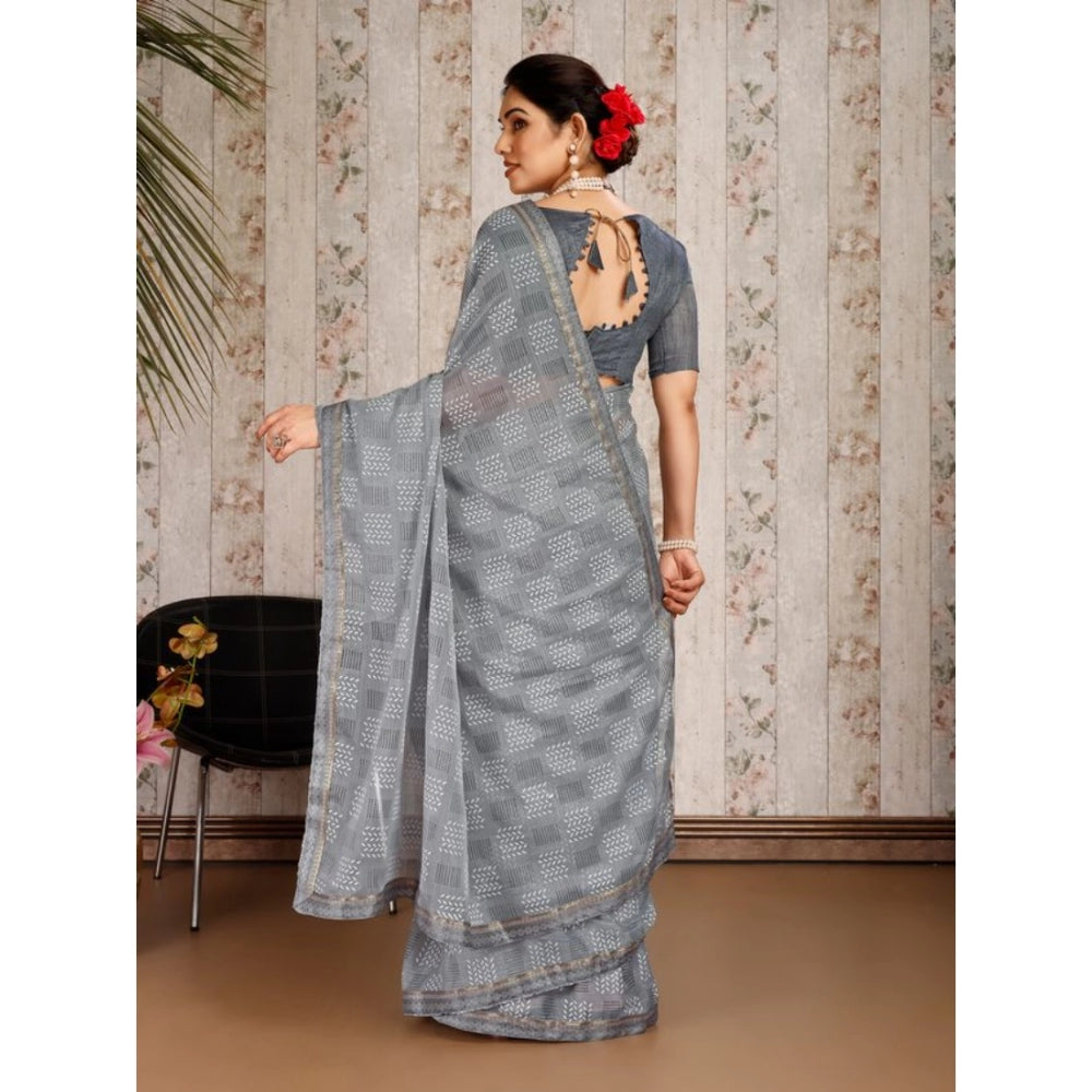 Shopper Beast Women's Zomto Cheked Saree With Unstitched Blouse (Grey, 5-6 Mtrs)