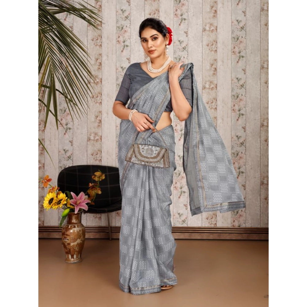 Shopper Beast Women's Zomto Cheked Saree With Unstitched Blouse (Grey, 5-6 Mtrs)