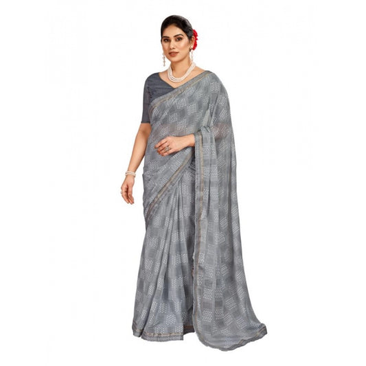 Shopper Beast Women's Zomto Cheked Saree With Unstitched Blouse (Grey, 5-6 Mtrs)