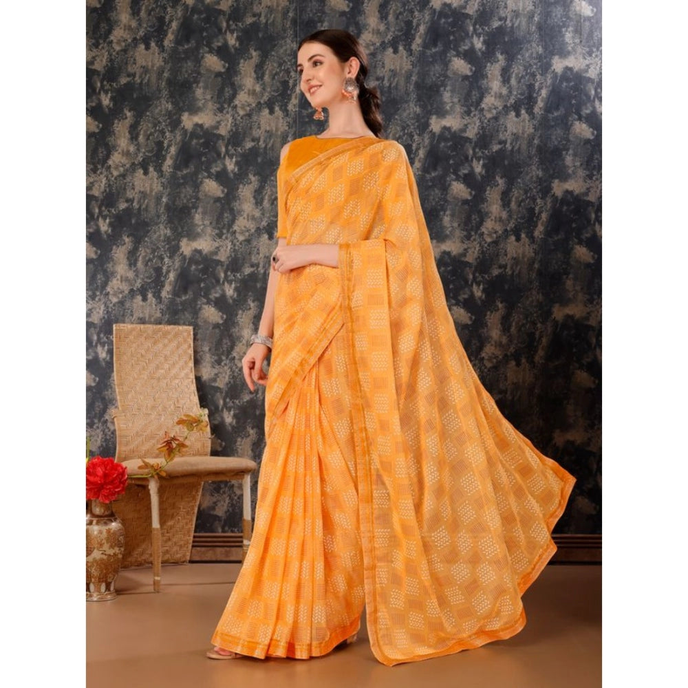 Shopper Beast Women's Zomto Cheked Saree With Unstitched Blouse (Yellow, 5-6 Mtrs)