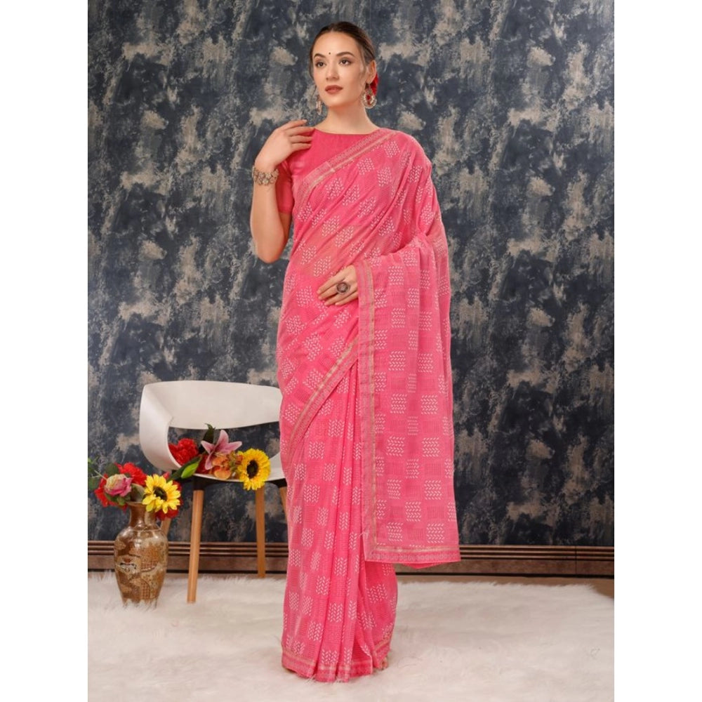 Shopper Beast Women's Zomto Cheked Saree With Unstitched Blouse (Pink, 5-6 Mtrs)