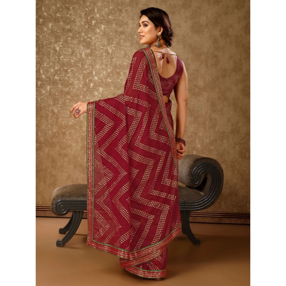 Shopper Beast Women's Zomto Zig Zag Saree With Unstitched Blouse (Maroon, 5-6 Mtrs)