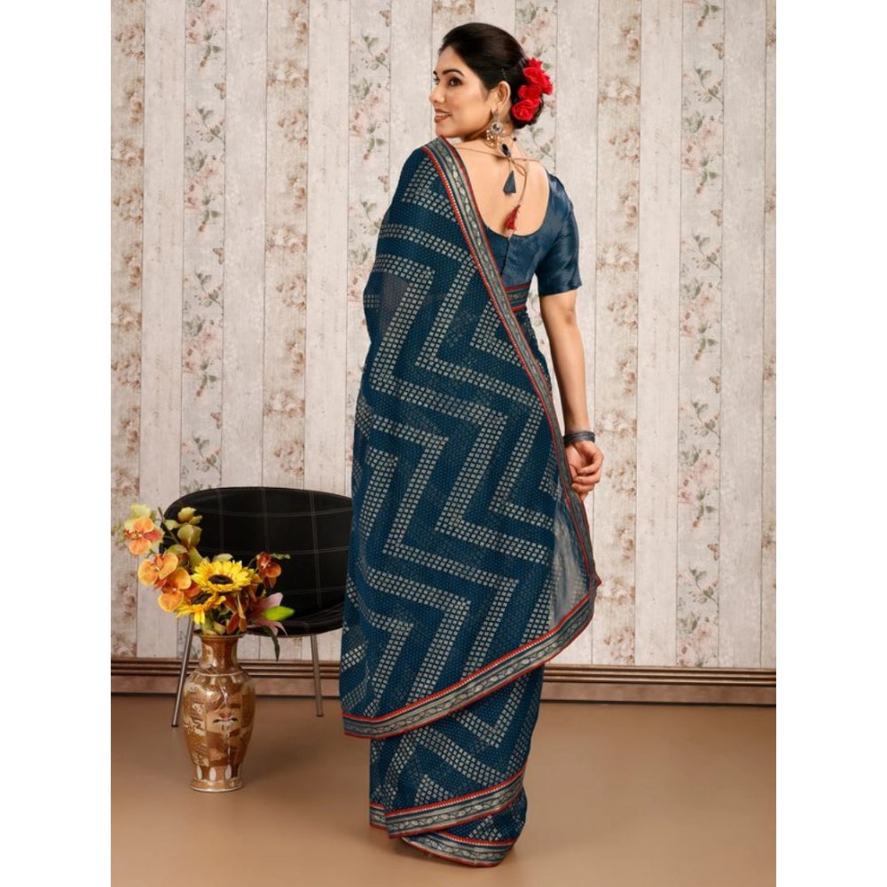 Shopper Beast Women's Zomto Zig Zag Saree With Unstitched Blouse (Blue, 5-6 Mtrs)