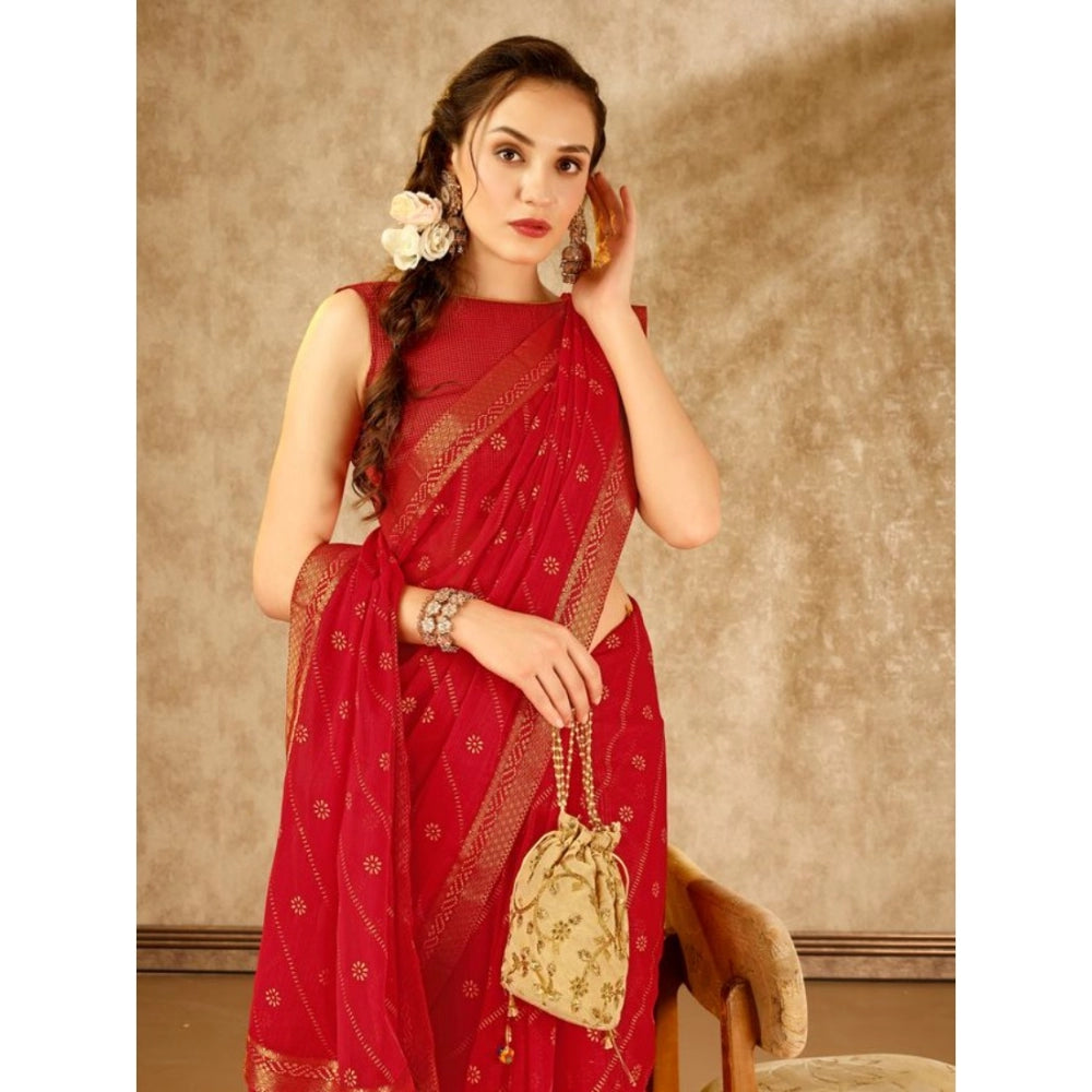 Shopper Beast Women's Zomto Bandhani Saree With Unstitched Blouse (Red, 5-6 Mtrs)