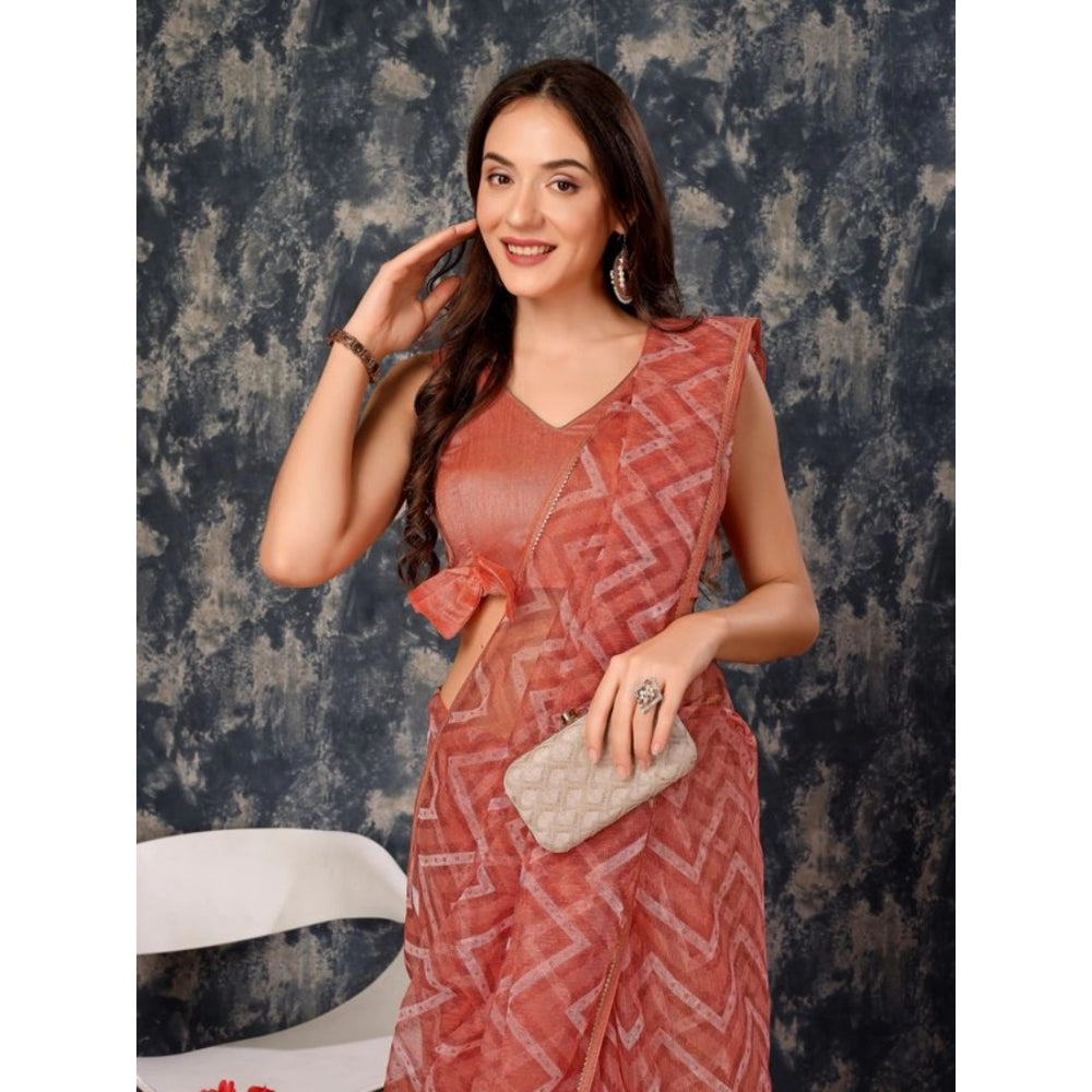 Shopper Beast Women's Linen Zig Zag Saree With Unstitched Blouse (Peach, 5-6 Mtrs)