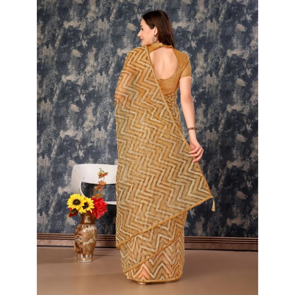 Shopper Beast Women's Linen Zig Zag Saree With Unstitched Blouse (Beige, 5-6 Mtrs)