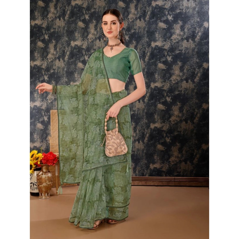 Shopper Beast Women's Linen Floral Printed Saree With Unstitched Blouse (Green, 5-6 Mtrs)