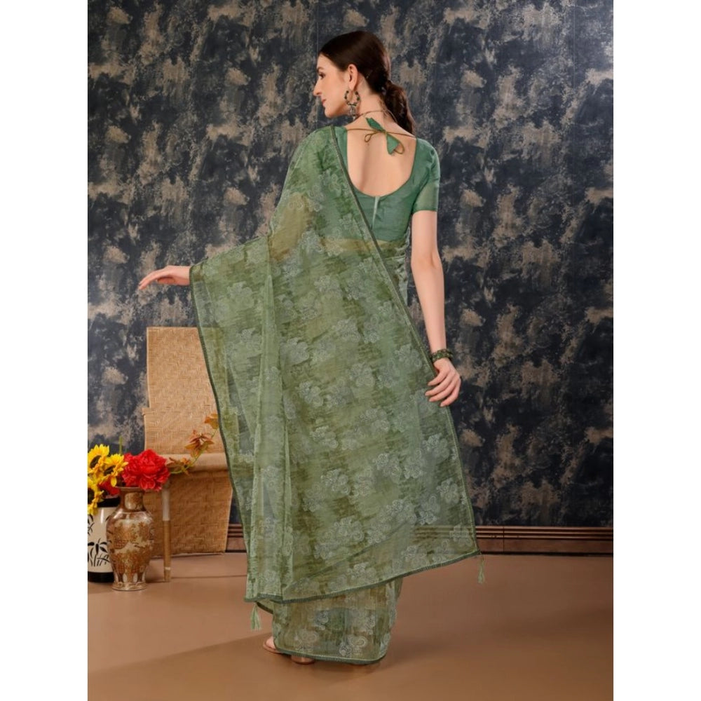 Shopper Beast Women's Linen Floral Printed Saree With Unstitched Blouse (Green, 5-6 Mtrs)