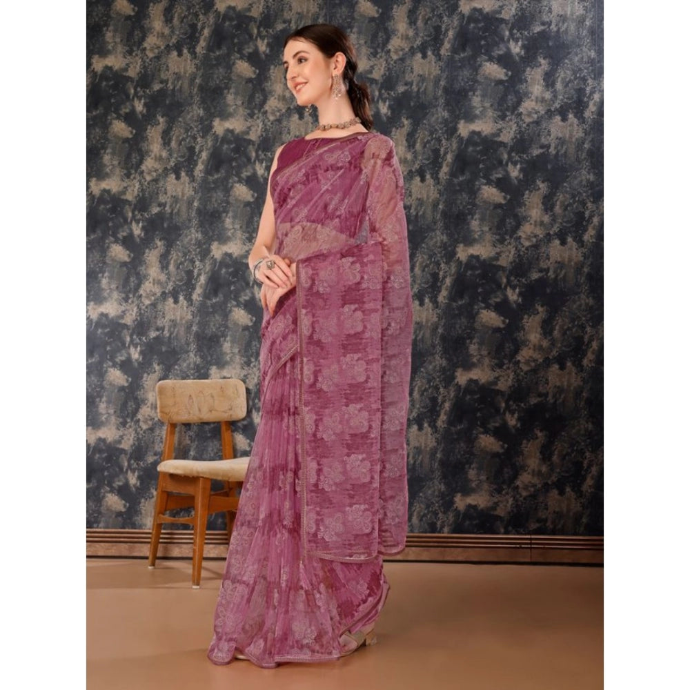 Shopper Beast Women's Linen Floral Printed Saree With Unstitched Blouse (Purple, 5-6 Mtrs)