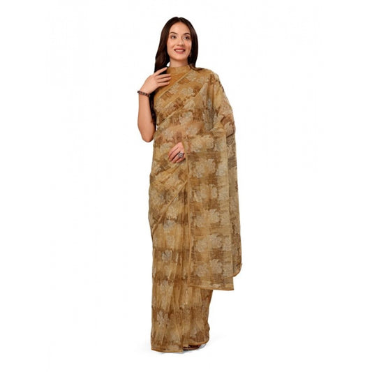 Shopper Beast Women's Linen Floral Printed Saree With Unstitched Blouse (Brown, 5-6 Mtrs)