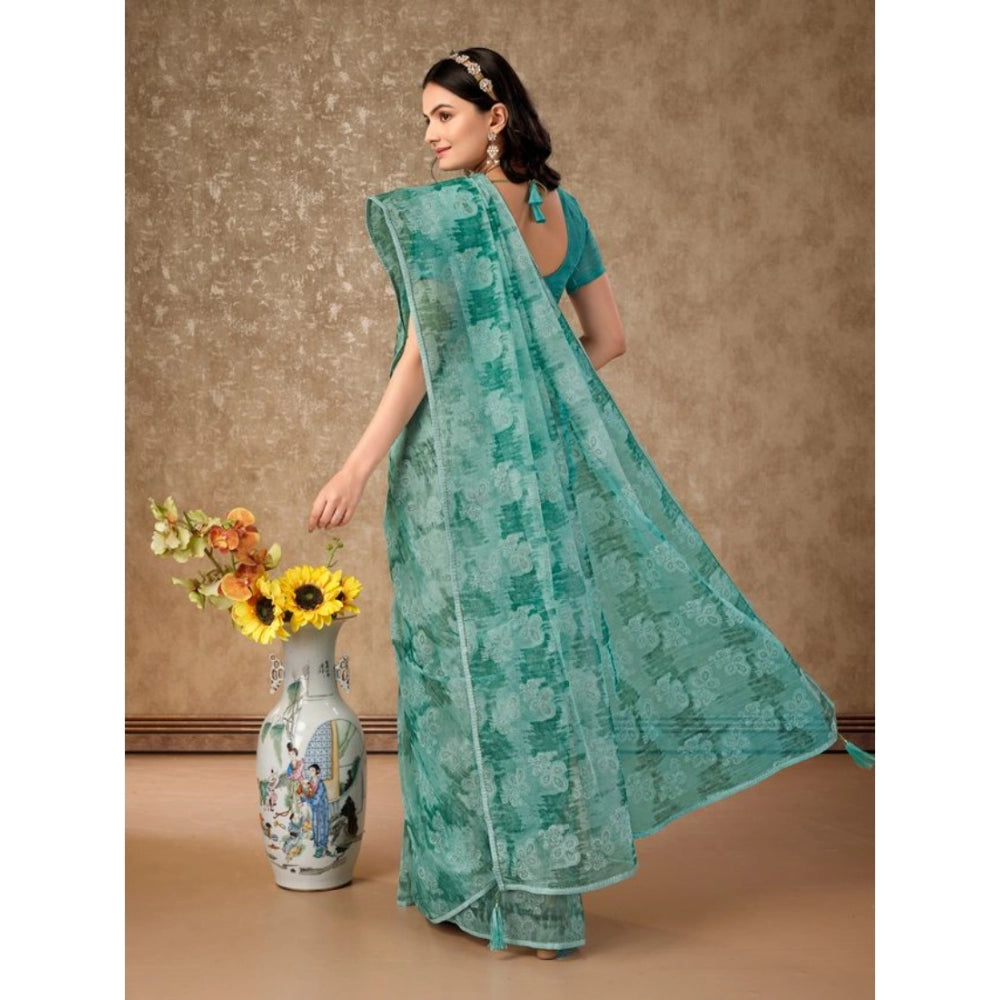 Shopper Beast Women's Linen Floral Printed Saree With Unstitched Blouse (Turquies Green, 5-6 Mtrs)