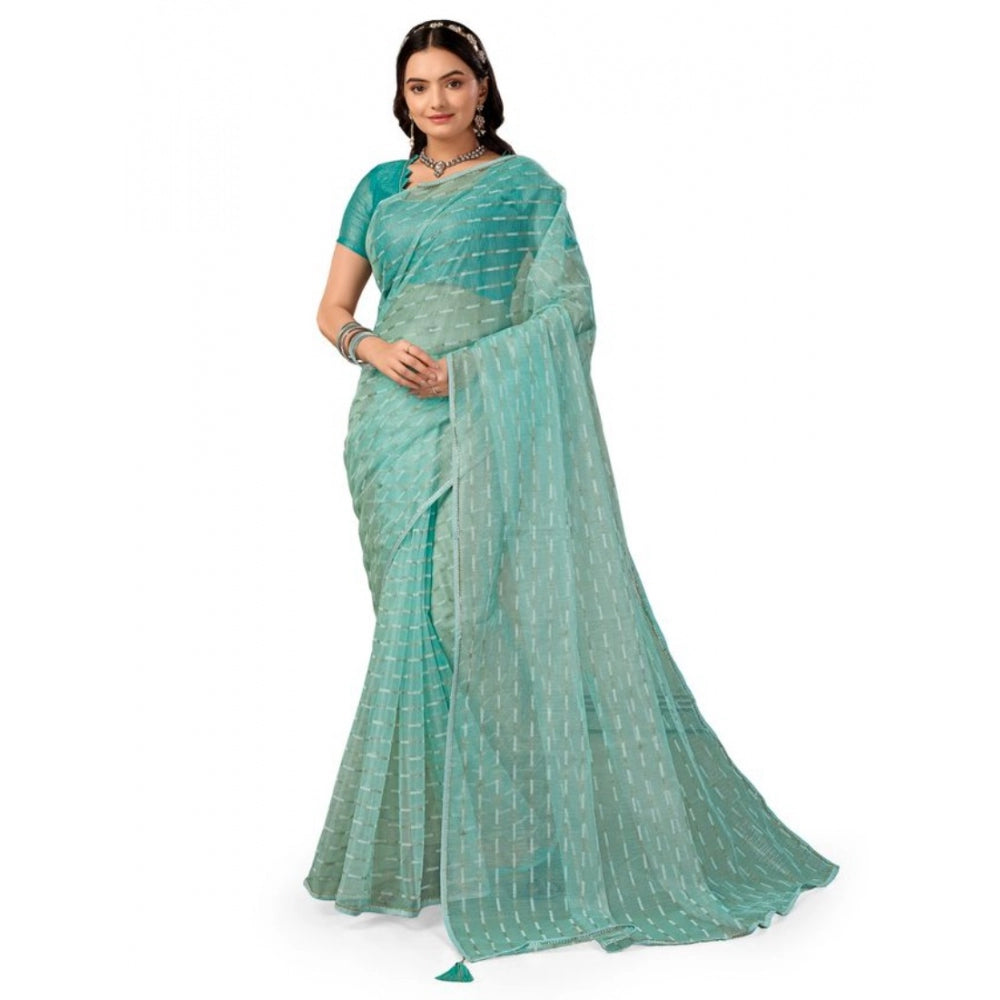 Shopper Beast Women's Linen Line Saree With Unstitched Blouse (Turquies Green, 5-6 Mtrs)