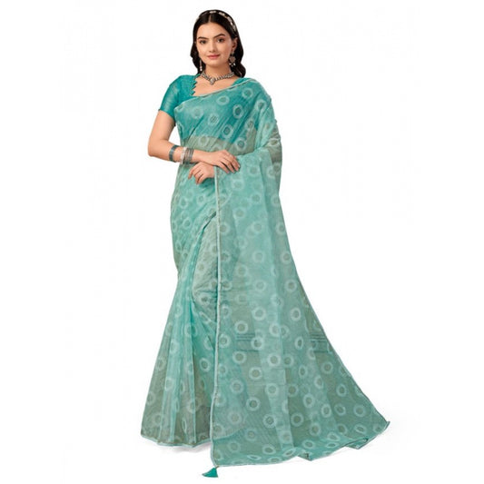 Shopper Beast Women's Linen Gola Printed Saree With Unstitched Blouse (Turquies Green, 5-6 Mtrs)