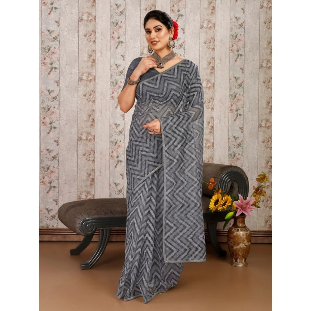 Shopper Beast Women's Linen Zig Zag Saree With Unstitched Blouse (Grey, 5-6 Mtrs)