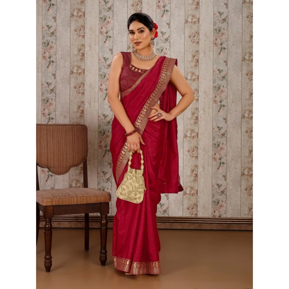 Shopper Beast Women's Vichitra Plain Saree With Unstitched Blouse (Maroon, 5-6 Mtrs)