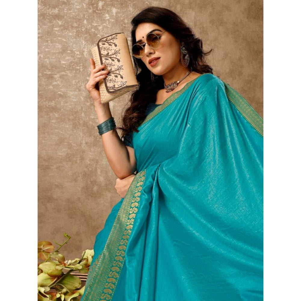 Shopper Beast Women's Vichitra Plain Saree With Unstitched Blouse (Teal Blue, 5-6 Mtrs)