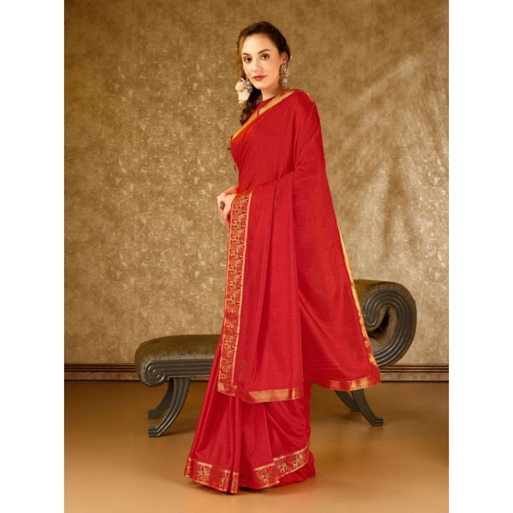 Shopper Beast Women's Vichitra Swiroshki Butta Saree With Unstitched Blouse (Red, 5-6 Mtrs)