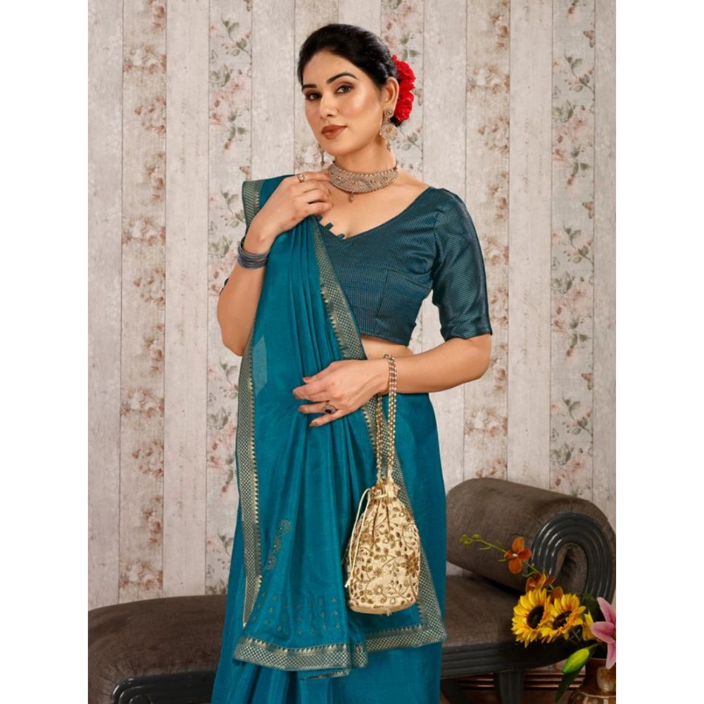 Shopper Beast Women's Vichitra Swiroshki Butta Saree With Unstitched Blouse (Blue, 5-6 Mtrs)