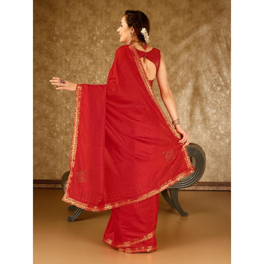 Shopper Beast Women's Vichitra Printed Saree With Unstitched Blouse (Red, 5-6 Mtrs)