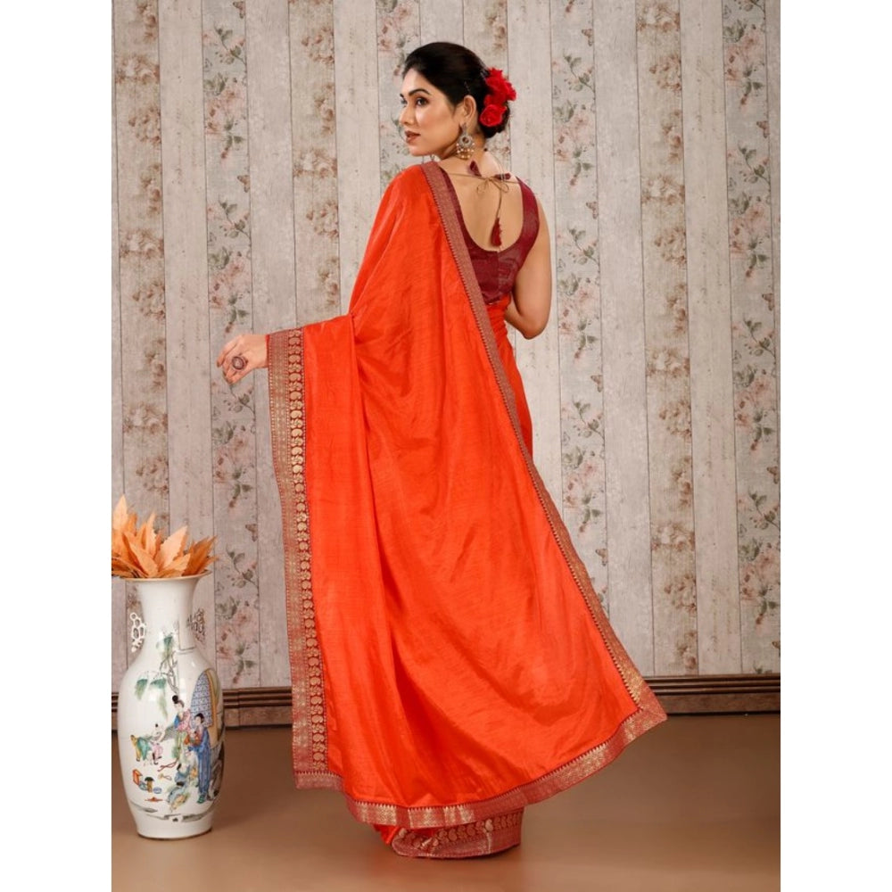 Shopper Beast Women's Vichitra Plain Saree With Unstitched Blouse (Orange, 5-6 Mtrs)