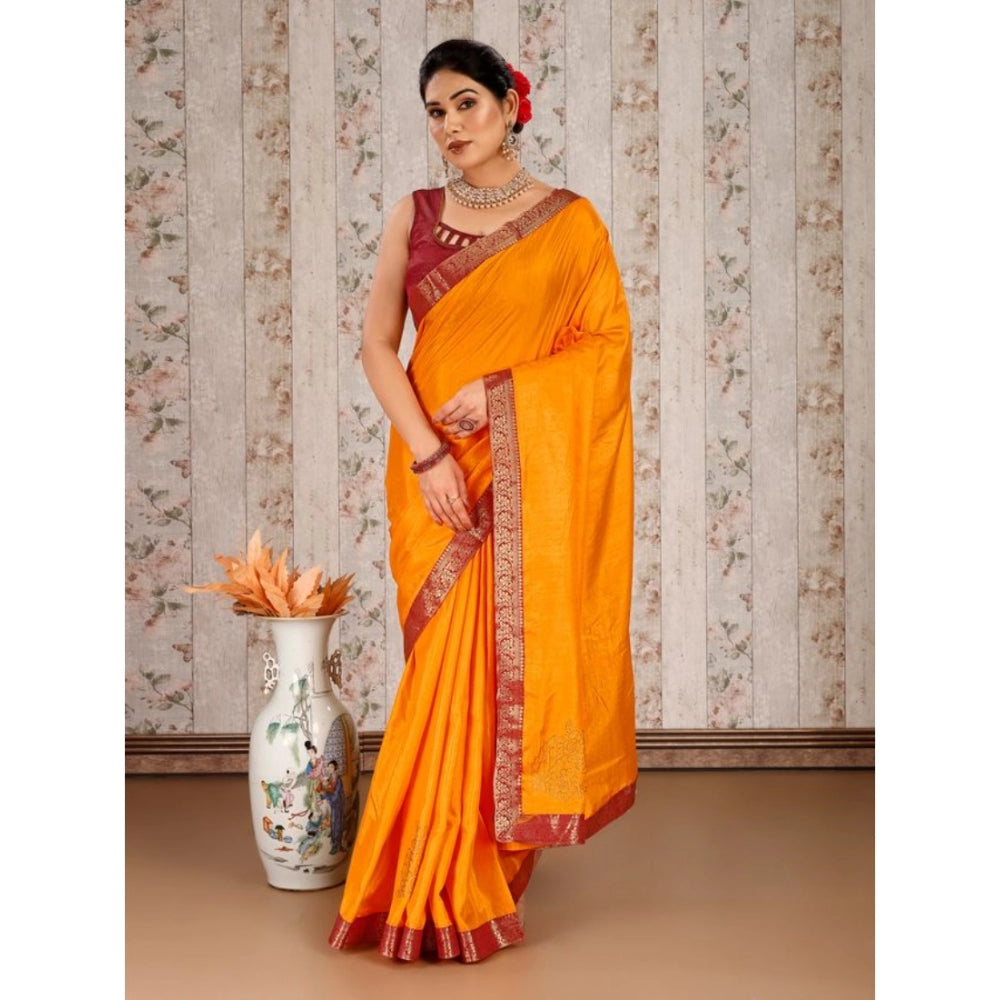 Shopper Beast Women's Vichitra Swiroshki Butta Saree With Unstitched Blouse (Yellow, 5-6 Mtrs)