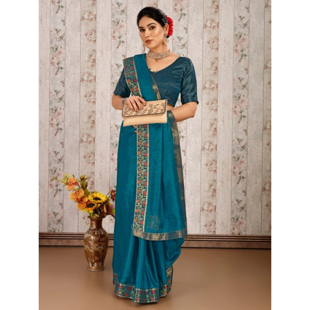 Shopper Beast Women's Vichitra Swiroshki Butta Saree With Unstitched Blouse (Teal Blue, 5-6 Mtrs)