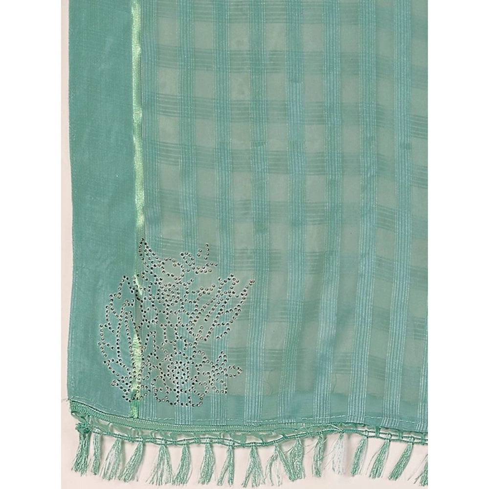 Shopper Beast Women's Chiffon Fabric Line Saree With Unstitched Blouse (Turquoise green, 5-6 Mtrs)