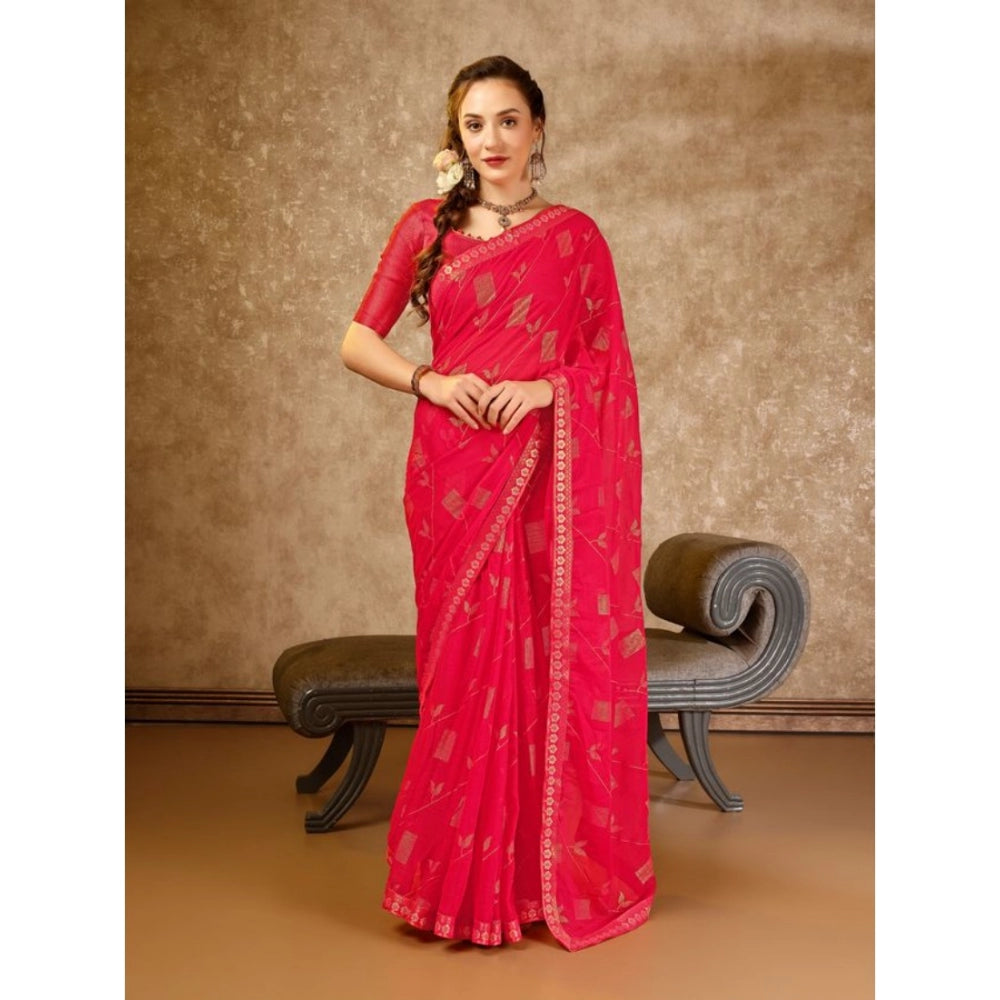 Shopper Beast Women's Zomto Patta Chiffon Saree With Unstitched Blouse (Pink, 5-6 Mtrs)