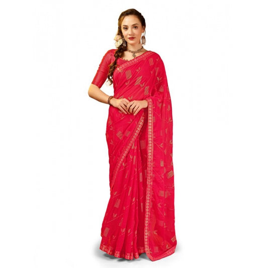 Shopper Beast Women's Zomto Patta Chiffon Saree With Unstitched Blouse (Pink, 5-6 Mtrs)