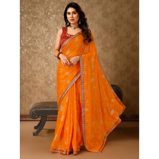 Shopper Beast Women's Zomto Patta Chiffon Saree With Unstitched Blouse (Yellow, 5-6 Mtrs)