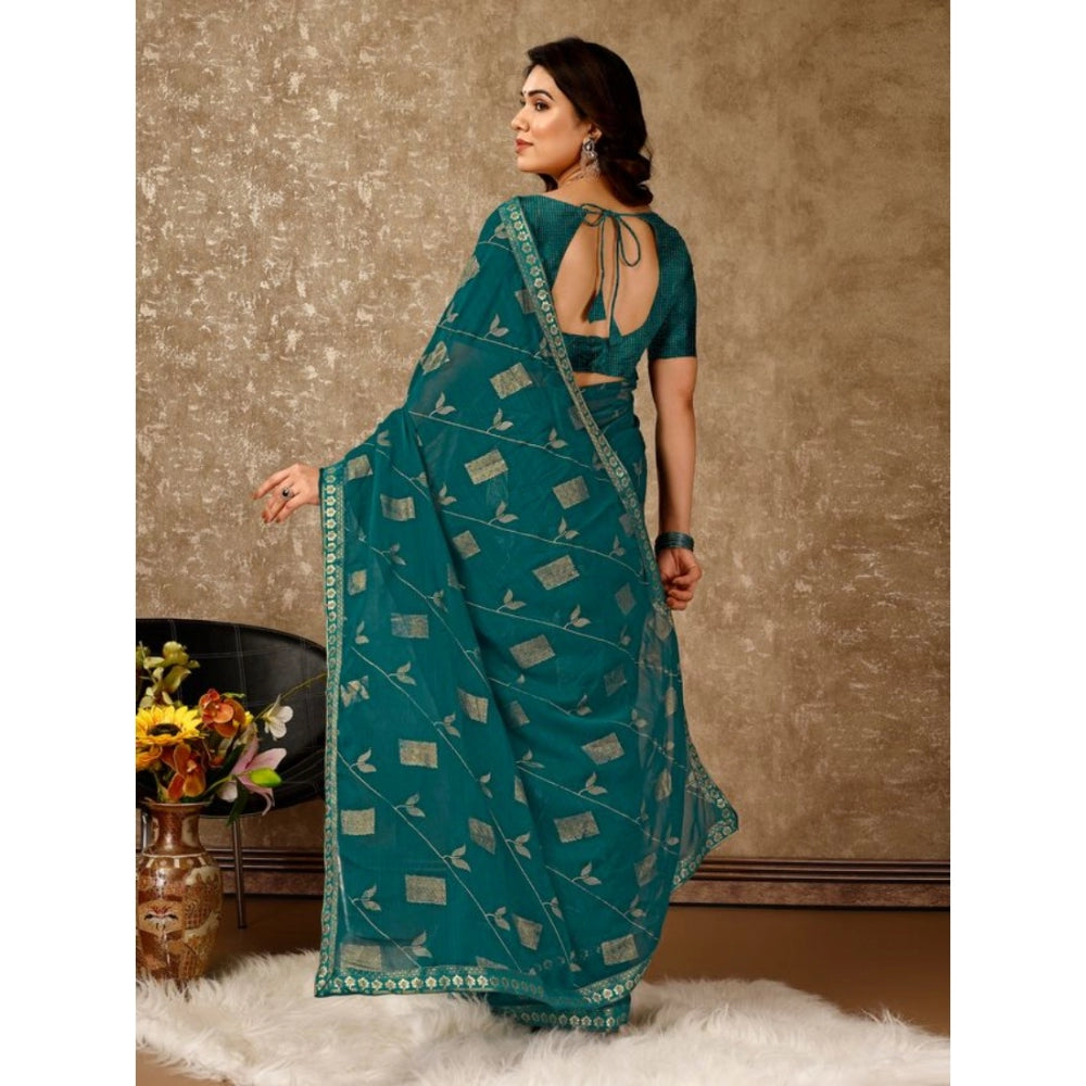 Shopper Beast Women's Zomto Patta Chiffon Saree With Unstitched Blouse (Teal Blue, 5-6 Mtrs)