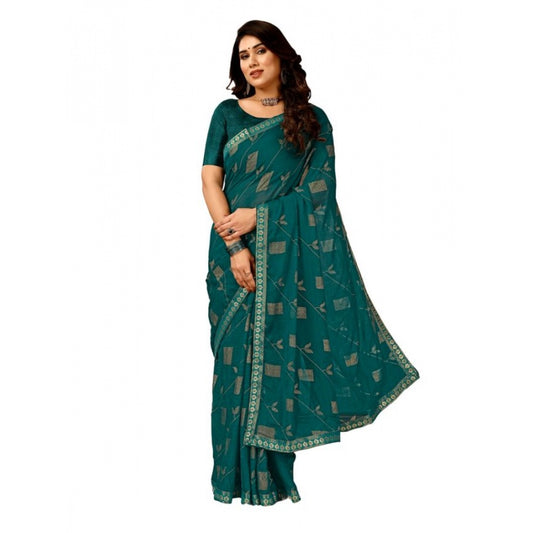 Shopper Beast Women's Zomto Patta Chiffon Saree With Unstitched Blouse (Teal Blue, 5-6 Mtrs)