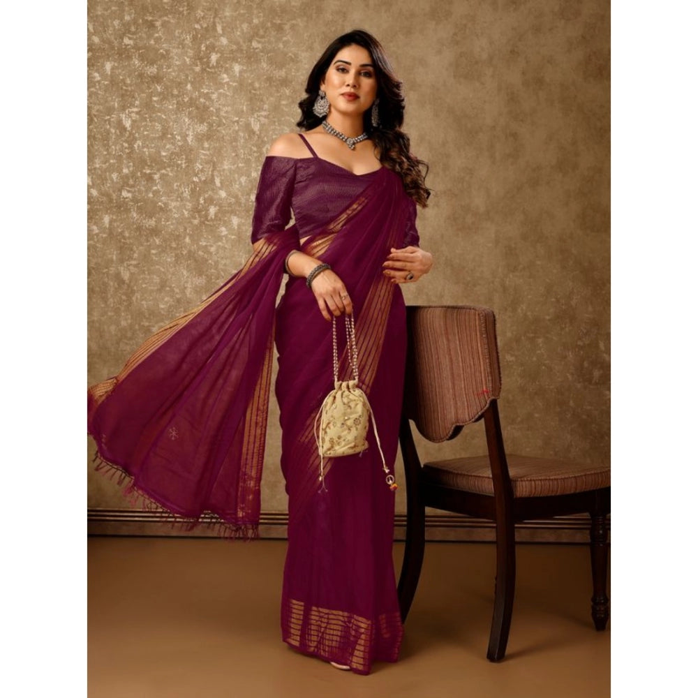 Shopper Beast Women's Chiffon Fabric Plain Saree With Unstitched Blouse (Wine, 5-6 Mtrs)