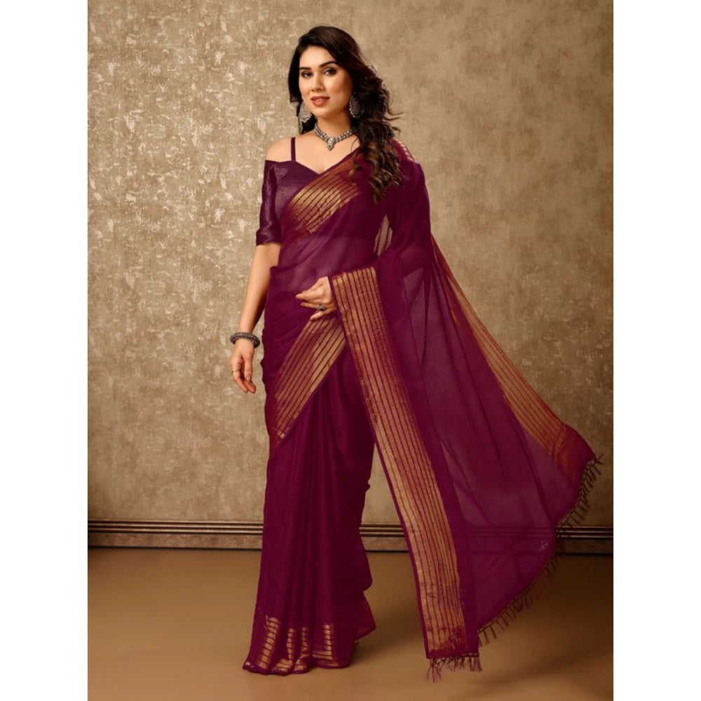 Shopper Beast Women's Chiffon Fabric Plain Saree With Unstitched Blouse (Wine, 5-6 Mtrs)