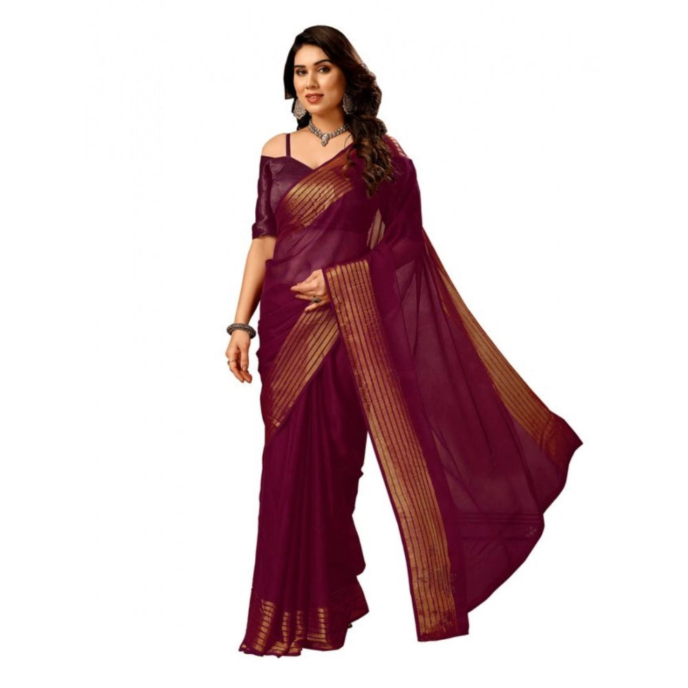 Shopper Beast Women's Chiffon Fabric Plain Saree With Unstitched Blouse (Wine, 5-6 Mtrs)