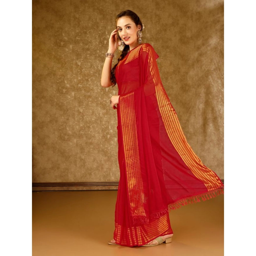 Shopper Beast Women's Chiffon Fabric Plain Saree With Unstitched Blouse (Red, 5-6 Mtrs)