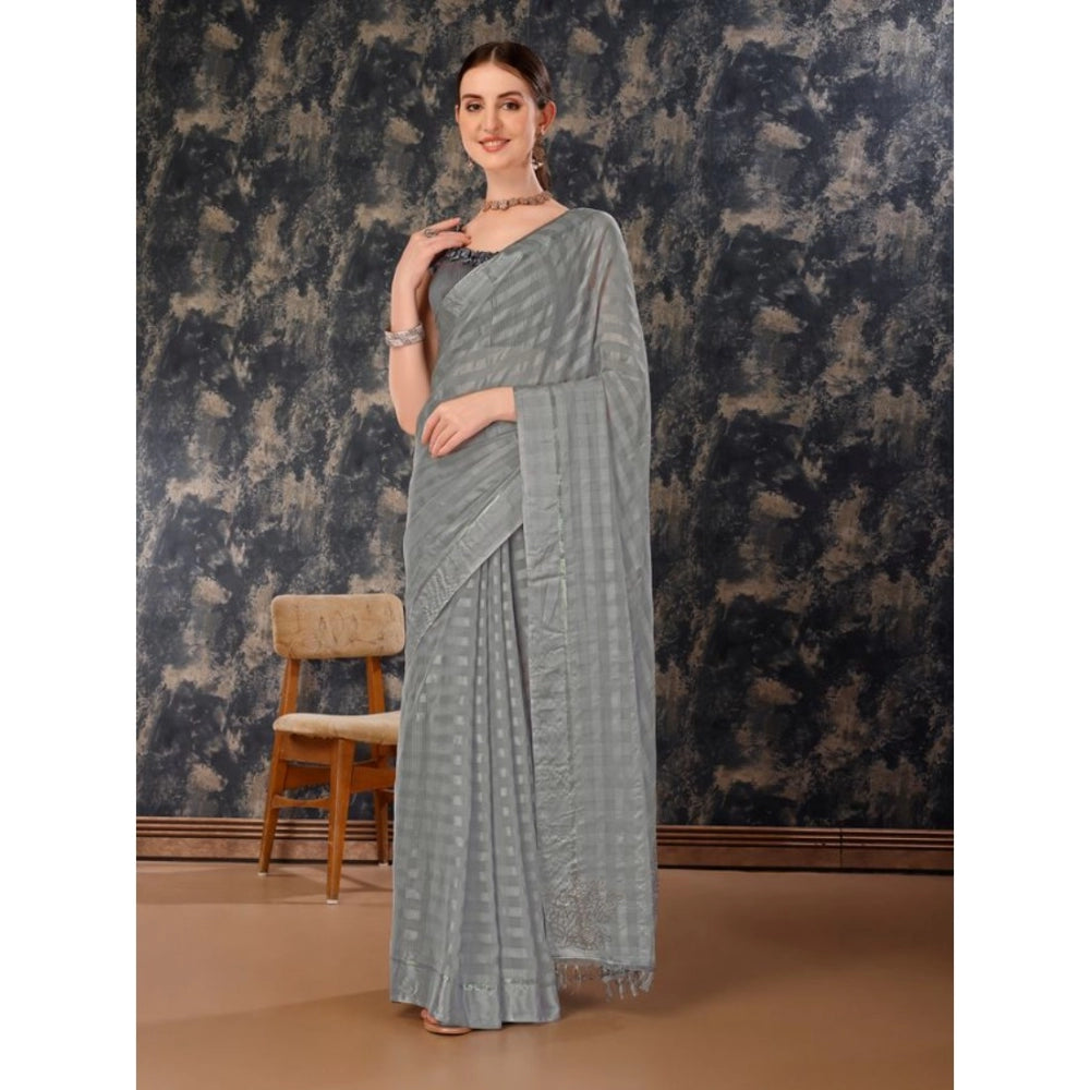 Shopper Beast Women's Chiffon Fabric Line Saree With Unstitched Blouse (Grey, 5-6 Mtrs)