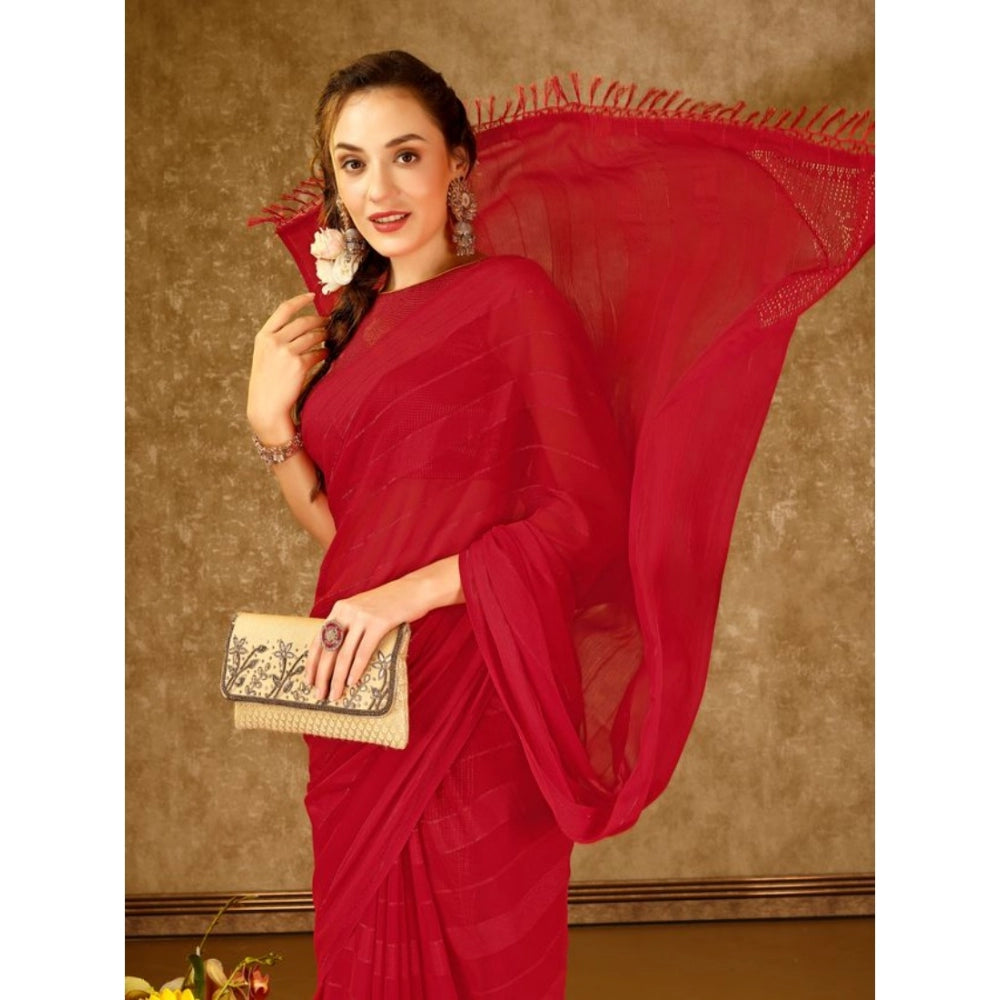 Shopper Beast Women's Chiffon Fabric Line Saree With Unstitched Blouse (Red, 5-6 Mtrs)