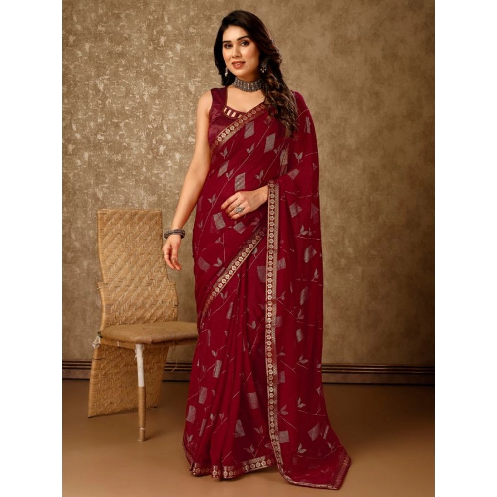 Shopper Beast Women's Zomto Patta Chiffon Saree With Unstitched Blouse (Maroon, 5-6 Mtrs)