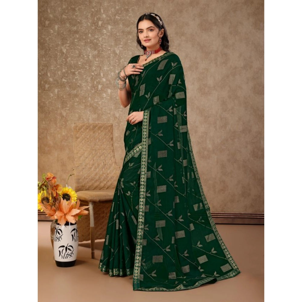 Shopper Beast Women's Zomto Patta Chiffon Saree With Unstitched Blouse (Green, 5-6 Mtrs)