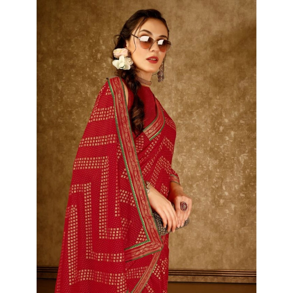 Shopper Beast Women's Zomto Zig Zag Saree With Unstitched Blouse (Red, 5-6 Mtrs)