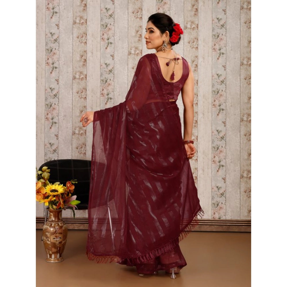 Shopper Beast Women's Chiffon Fabric Line Saree With Unstitched Blouse (Maroon, 5-6 Mtrs)