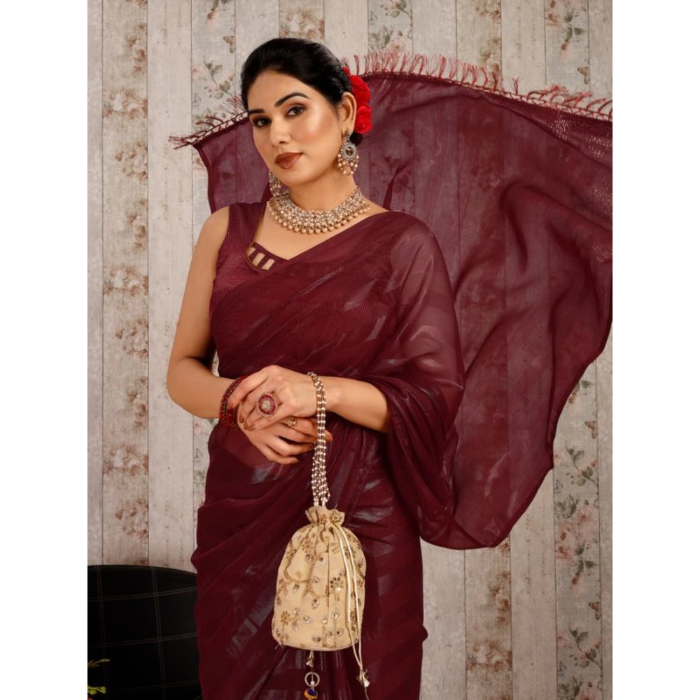 Shopper Beast Women's Chiffon Fabric Line Saree With Unstitched Blouse (Maroon, 5-6 Mtrs)