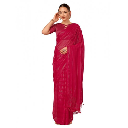 Shopper Beast Women's Chiffon Fabric Line Saree With Unstitched Blouse (Rani, 5-6 Mtrs)